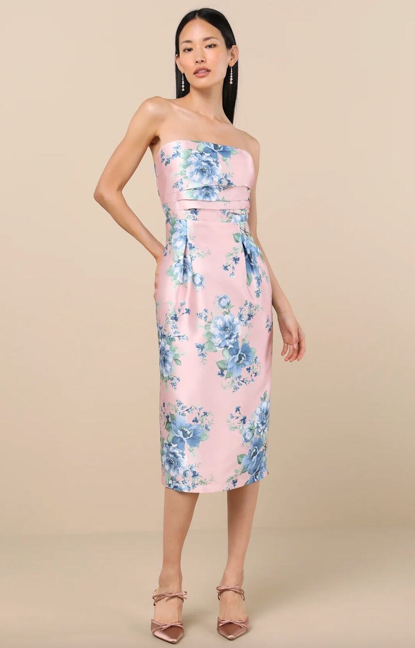 Lulus Aloysia Pink and Blue Floral Jacquard Strapless Midi Dress Cocktail XS NWT